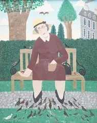 A woman feeding birds by Andrew Murray, oil on canvas, sold Mar 2025