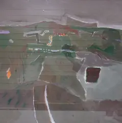 Abstract composition landscape by Stewart Lees, oil on board, sold Mar 2025
