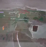 Abstract composition landscape by Stewart Lees, oil on board, sold Mar 2025
