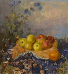 Still life of apples by Mikhail Alexandrovich Shaposhnikov, oil on canvas, sold Mar 2025
