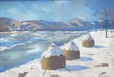 Winter riverscape by Samu Börtsök, oil on canvas, sold Mar 2025