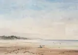 Beach scene with figures by John Barrie Haste, watercolour, sold Mar 2025