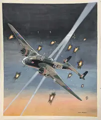 'Handley Page Hampden RAF searchlight scene by Mike Bailey, gouache, sold May 2026