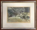 Moorland landscape with cottages by Gwilym John Blockley, watercolour and ink, sold May 2026