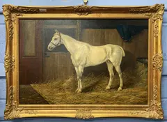 Side profile study of a horse in stables by Stanley Berkeley, oil on canvas, sold Apr 2026