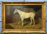 Side profile study of a horse in stables by Stanley Berkeley, oil on canvas, sold Apr 2026