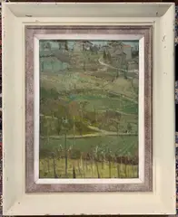 View over a European vineyard / landscape by Thomas J Coates, oil on board, sold Apr 2026