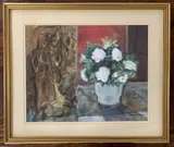 Interior scene with white carnation flowers and figures by Theresa Flynn, mixed media, sold Apr 2026