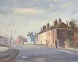 An autumnal / winter street scene by Geoffrey Burrows, oil on board, sold Apr 2026