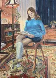 Interior scene with a young woman reading by lamp light by Geoffrey Burrows, oil on board, offered Apr 2026
