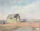 Moored fishing boat and hut on a Norfolk estuary by Geoffrey Burrows, oil on board, sold Apr 2026
