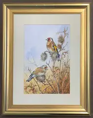 Resting finches on thistles by Carl Donner, watercolour, sold Apr 2026