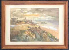 View over Cromer cliffs with a foreboding skyline by Riko Mikeska, watercolour, offered Apr 2026