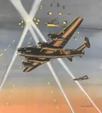 'Handley Page Halifax RAF Searchlight Scene by Mike Bailey, gouache, sold Apr 2026