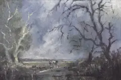 Hounds on the Heath by Colin Burns, oil on board, sold Mar 2026