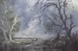 Hounds on the Heath by Colin Burns, oil on board, sold Mar 2026