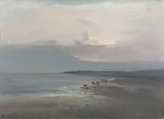 Shoreline view with wading birds by Jack Cox, oil on canvas, sold Mar 2026