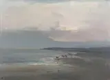 Shoreline view with wading birds by Jack Cox, oil on canvas, sold Mar 2026
