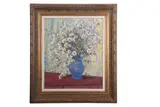Interior scene with daisies in a blue jug by Geoffrey Chatten, oil on board, sold Mar 2026