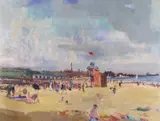 Punch and Judy show on Gorleston Beach by Geoffrey Chatten, oil on board, sold Mar 2026
