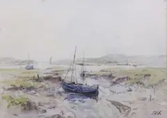 Boats in an estuary by Jack Cox, watercolour, sold Mar 2026
