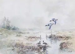 Ducks alighting over marshland by Jack Cox, watercolour, sold Mar 2026