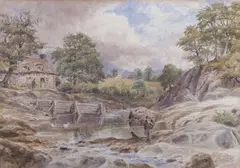 A rural scene with an angler and dog on the riverbank by Charles Harmony Harrison, watercolour, sold Mar 2026