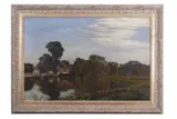 Village scene with a riverbank view of an angler by Horace Walter Gilbert, 1883, oil on canvas, sold Mar 2026