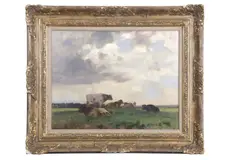 Cattle at rest by John Alfred Arnesby Brown, oil on board, sold Mar 2026