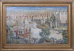 Sailing ships beside the Tower of London by John Moray-Smith, 1940, oil on board, sold Mar 2026