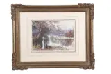Lady and dog by an autumnal riverbank by Edith Berkeley, gouache and watercolour, sold Mar 2026