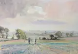 Figures work a Norfolk landscape by Geoffrey Burrows, oil on board, sold Mar 2026