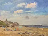Cromer Beach by Geoffrey Burrows, oil on board, sold Mar 2026