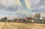 Rural Landscape view across fields and farm buildings by Geoffrey Burrows, oil on board, sold Mar 2026