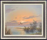 Ducks alighting at Dawn / Dusk over water by Gerald Brouwer, oil on canvas, sold Mar 2026