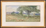 Pastoral landscape with shepherds and flock by William Permeanus Cornish, watercolour, sold Mar 2026