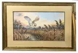 Barn Owl in flight over Marshland by Carl Donner, watercolour, sold Feb 2026
