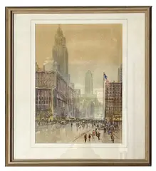 Winter on Fifth Avenue, New York by Michael Crawley, watercolour, sold Feb 2026