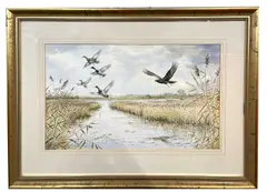 Mallards and Marsh Harrier over marshland by Carl Donner, watercolour, sold Feb 2026