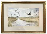 Mallards and Marsh Harrier over marshland by Carl Donner, watercolour, sold Feb 2026
