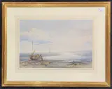 A beach scene with two fisherfolk on the shoreline by Charles Bentley, 1848, watercolour, sold Feb 2026