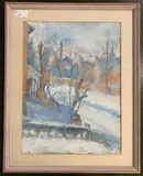 A winter town / street scene by E.R. Barlow, 1948, mixed media on paper, sold Jan 2026
