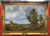 Rural countryside scene with two strolling figures by Jack Mould, oil on canvas, sold Jan 2026