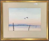 Dusk / Dawn view with alighting birds by Clifford John, watercolour, sold Jan 2026