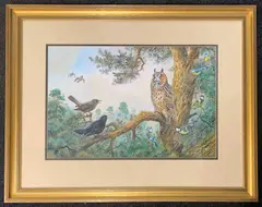 Blue / Great Tits and Blackbirds look upon a Long Eared Owl within the tree by Carl Donner, watercolour, sold Jan 2026