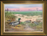 Mallards Teal and Heron on marshland at dusk / dawm by Carl Donner, 1986, gouache, sold Jan 2026