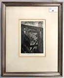 View of a derelict building through a fence by Erik Johan Smith, 1939, etching, sold Jan 2026