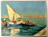 Coastal port scene with moored boats by R U Rinaldi, oil on canvas, sold Dec 2025