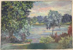 View over a riverbank by Annabel Gosling, oil on canvas, sold Dec 2025