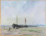 Beached fishing boats at low tide by Geoffrey Burrows, oil on board, sold Dec 2025